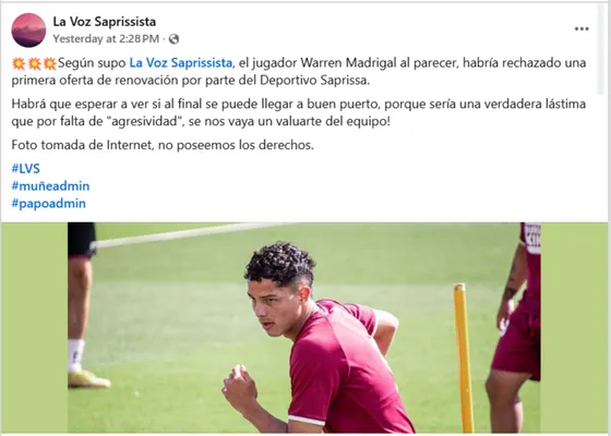 Warren Madrigal habría rechazado la oferta de Saprissa. (