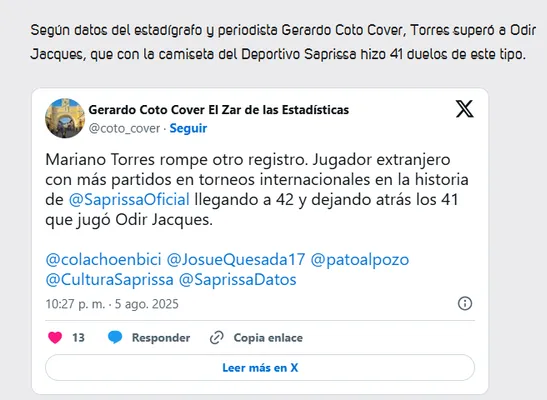 Publicación del Deportivo Saprissa en su sitio web