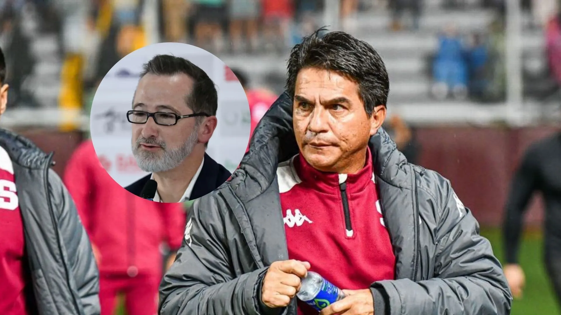 Vladimir Quesada como entrenador de Saprissa y Juan Carlos Rojas, presidente, en conferencia de prensa.