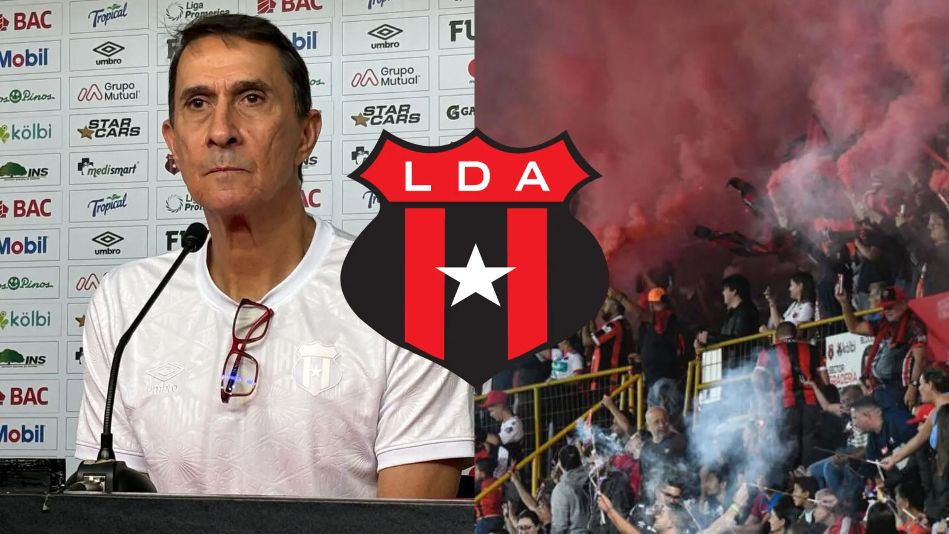 Alexandre Guimaraes en conferencia de prensa y la afición de Alajuelense.