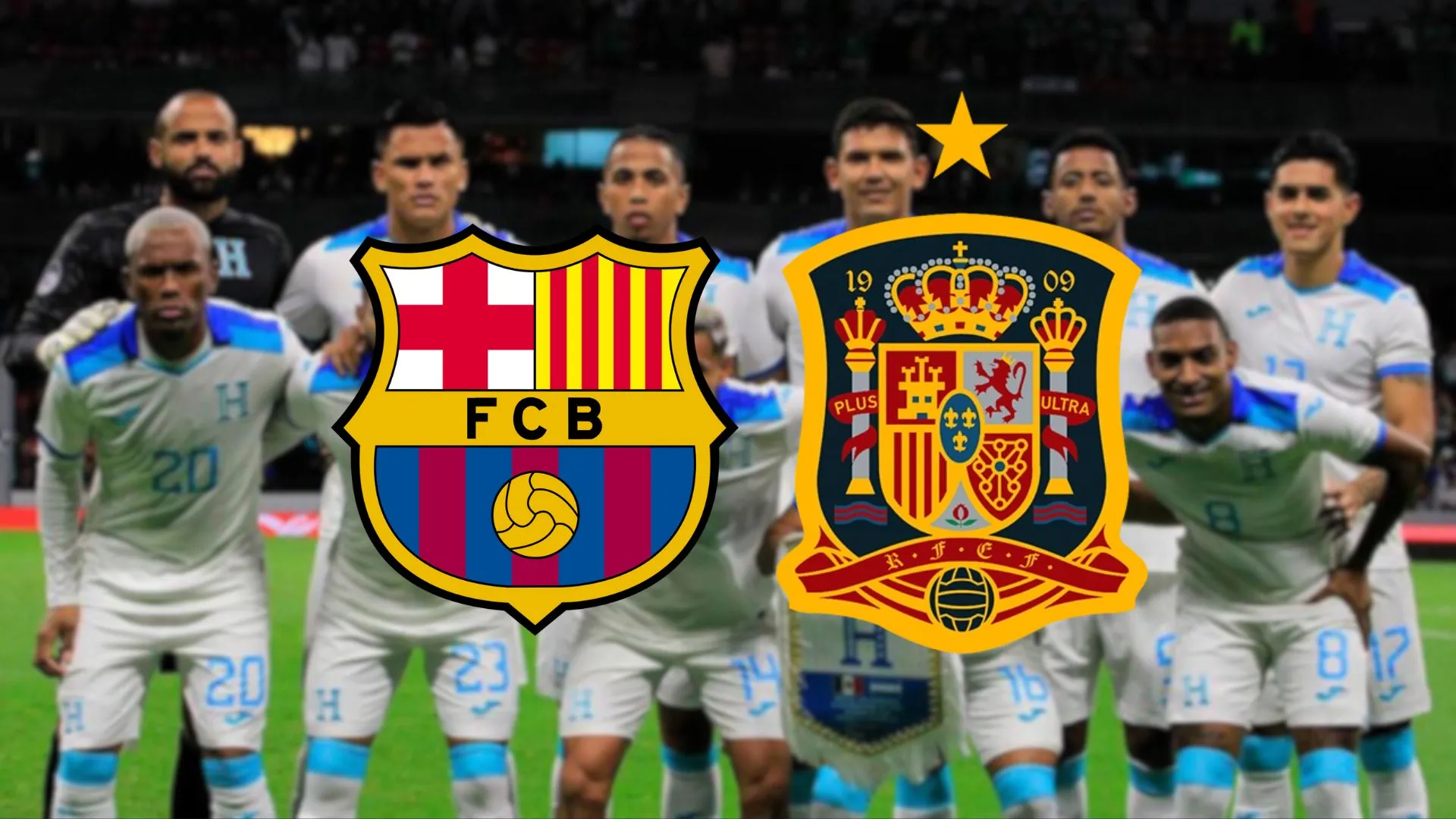 La Selección de Honduras y los escudos del FC Barcelona y de la Selección de España.