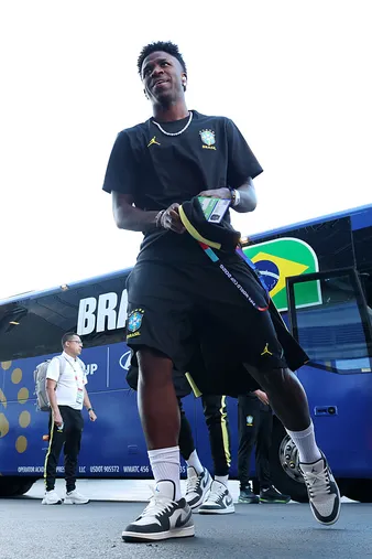 PHILADELPHIA, PENNSYLVANIA - JUNE 19: Vinicius Junior #7 of Brazil arrives before the FIFA World Cup 2026 Group C match between Brazil and Haiti at Philadelphia Stadium on June 19, 2026 in Philadelphia, Pennsylvania. (Photo by Darrian Traynor/Getty Images)