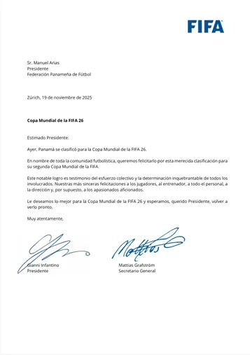La carta de la FIFA a Panamá.
