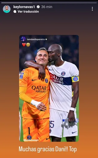 La publicación de Danilo Pereira y la respuesta de Keylor Navas. (