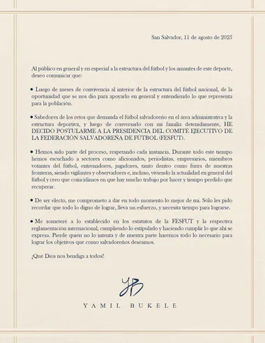El comunicado completo de Yamil Bukele. (