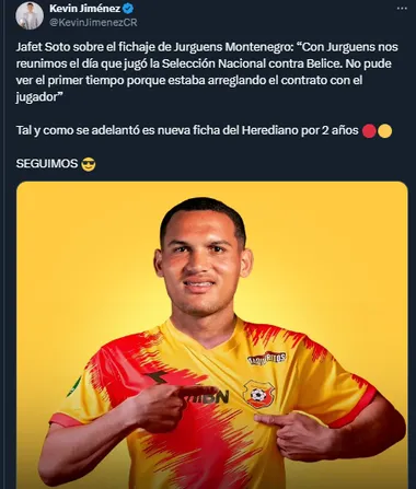 Kevin Jiménez en su cuenta oficial de X sobre el fichaje de Jurguens Montenegro por Herediano