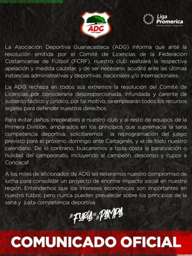 Comunicado que lanzó Guanacasteca.