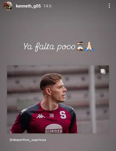 "Ya falta poco", escribió Kenneth González, dando a entender que tiene chances de jugar contra Cartaginés. (