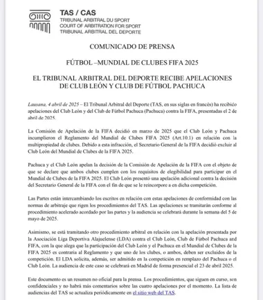 El comunicado publicado por TAS.