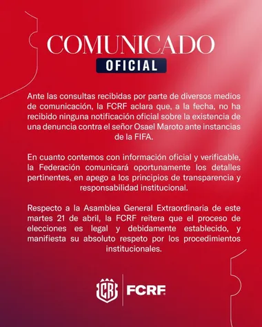 El comunicado de la Federación de Costa Rica. (