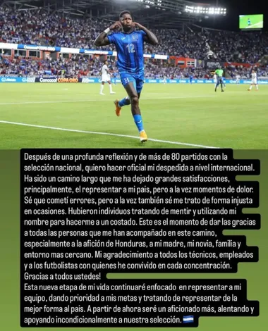 El mensaje con el que Romell Quioto confirmó su retiro de la Selección de Honduras. 