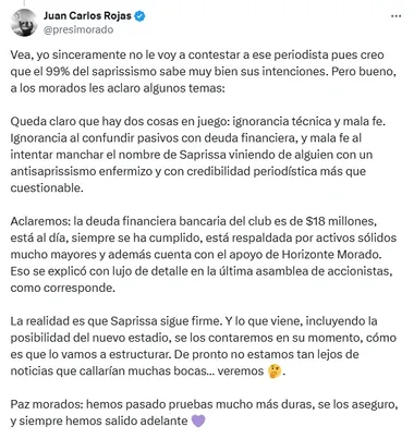 Mensaje de Juan Carlos Rojas, presidente del Deportivo Saprissa