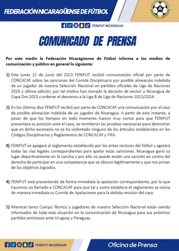 El comunicado de Fenifut tras el veto a Nicaragua de la Copa Oro 2023 (
