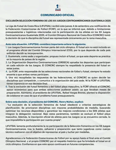 Comunicado oficial de la descalificación de Costa Rica. (