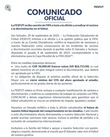El comunicado oficial de la FESFUT tras la sanción.