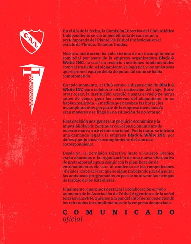 El comunicado completo de Independiente. (