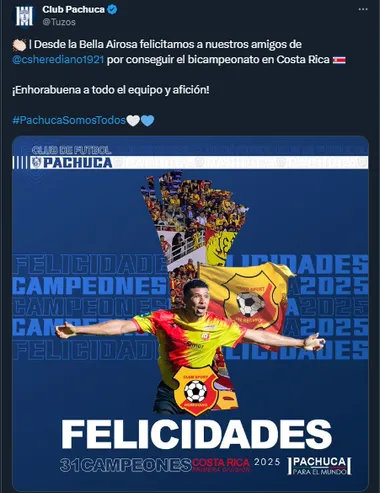 Mensaje de Pachuca en sus redes sociales para Herediano