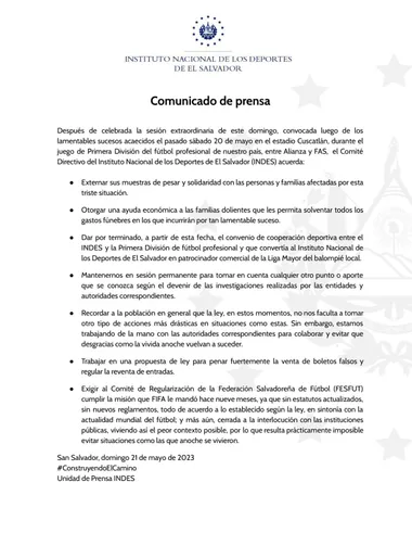 El comunicado del INDES tras la tragedia en el Estadio Cuscatlán (
