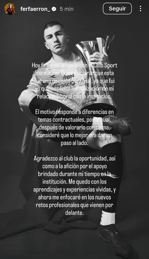 El mensaje que publicó Faerrón en sus redes sociales.