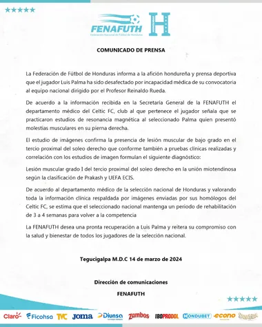 El comunicado completo sobre la lesión de Palma. (