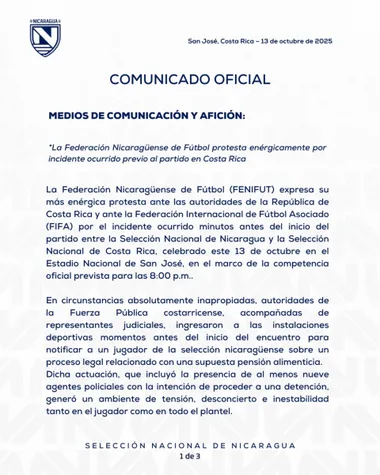 El comunicado que presentó la Federación de Nicaragua. (