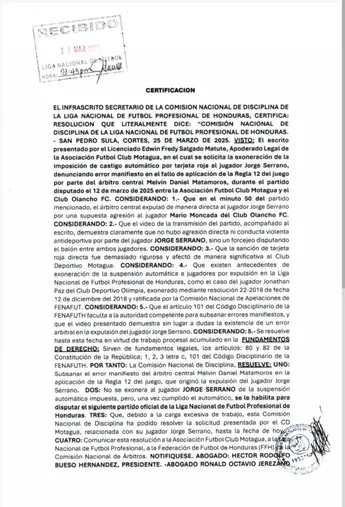 La Comisión de Disciplina reconocer el error del árbitro, pero Serrano no puede jugar ante Marathón.