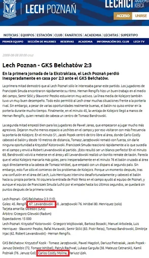 En la web del Lech Poznan se puede encontrar también la crónica del partido en que Costly le ganó a Lewandowski.