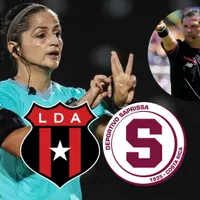 Los escudos de Saprissa y Alajuelense, y los árbitros Henry Bejarano y Marianela Araya.