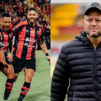 Alajuelense celebra un gol y Jafet Soto se mantiene serio.