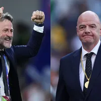 Thomas Christiansen celebra, mientras Gianni Infantino se lamenta.