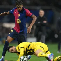 Lamine Yamal ante la marca de Rami Bensebaini.