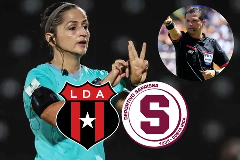 Los escudos de Saprissa y Alajuelense, y los árbitros Henry Bejarano y Marianela Araya.