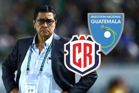 Luis Fernando Tena y los escudos de Guatemala y Costa Rica.