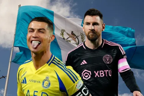 Cristiano Ronaldo y Lionel Messi con la bandera de Guatemala en el fondo.