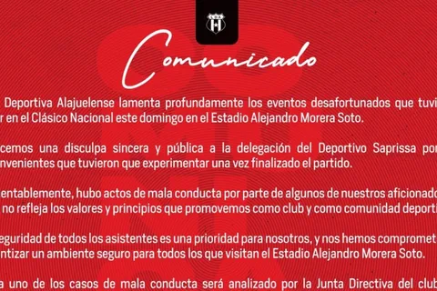 Luego de perder el clásico, Alajuelense se disculpa con Saprissa