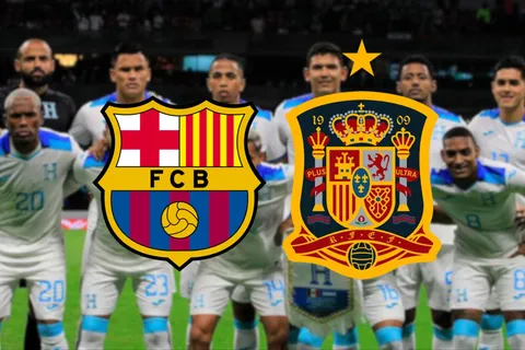 La Selección de Honduras y los escudos del FC Barcelona y de la Selección de España.