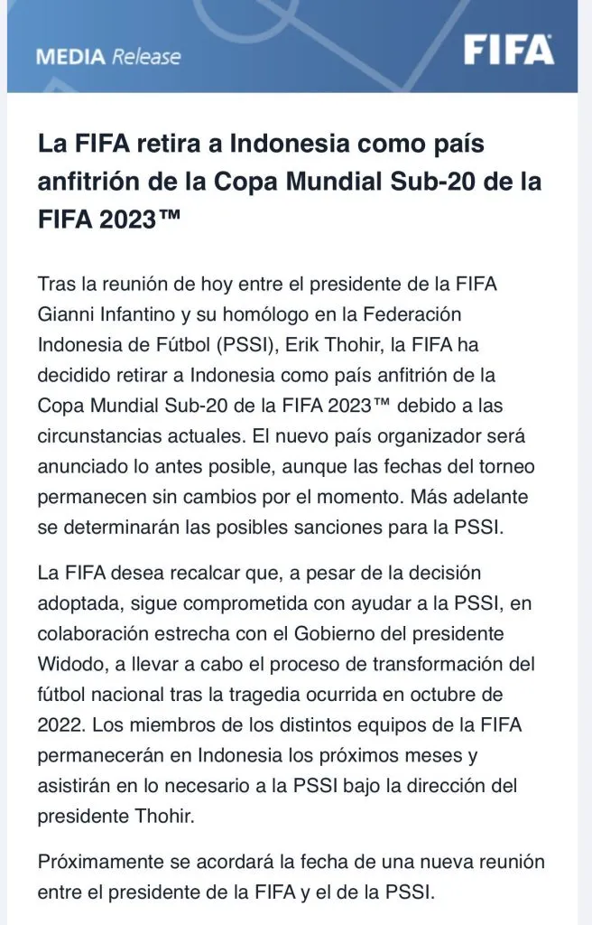 El anuncio por parte de FIFA.