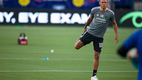 NASHVILLE, TN - MAY 23: Julio Cascante #18 of Austin FC warms up before the match against the Nashville SC at Nissan Stadium on May 23, 2021 in Nashville, Tennessee. (Photo by Brett Carlsen/Getty Images) *** Local Caption *** Julio Cascante