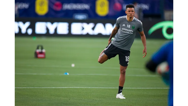 NASHVILLE, TN - MAY 23: Julio Cascante #18 of Austin FC warms up before the match against the Nashville SC at Nissan Stadium on May 23, 2021 in Nashville, Tennessee. (Photo by Brett Carlsen/Getty Images) *** Local Caption *** Julio Cascante