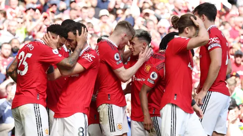 MANCHESTER, ENGLAND - APRIL 08: Scott McTominay of Manchester United celebrates with teammates after scoring the team's first goal during the Premier League match between Manchester United and Everton FC at Old Trafford on April 08, 2023 in Manchester, England. (Photo by Jan Kruger/Getty Images)