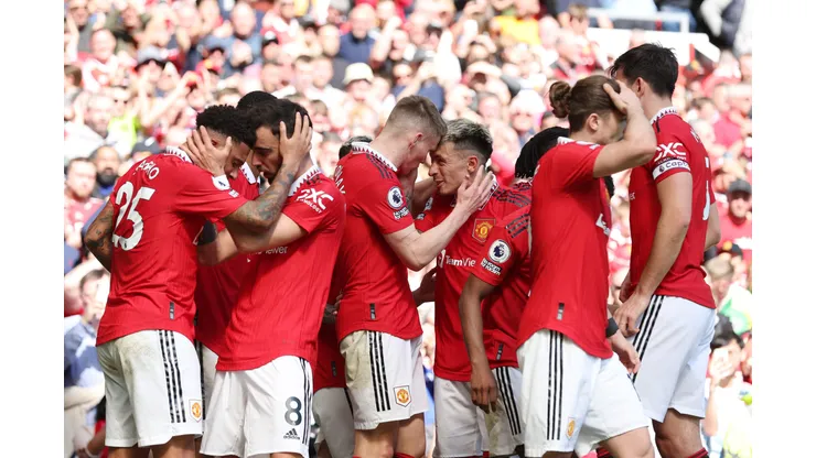 MANCHESTER, ENGLAND - APRIL 08: Scott McTominay of Manchester United celebrates with teammates after scoring the team's first goal during the Premier League match between Manchester United and Everton FC at Old Trafford on April 08, 2023 in Manchester, England. (Photo by Jan Kruger/Getty Images)