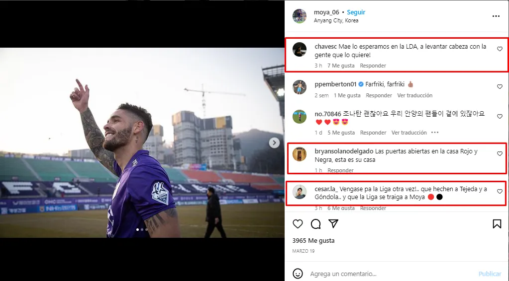 Algunos de los mensajes que llenaron el último posteo de Moya.