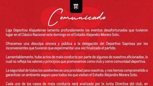Luego de perder el clásico, Alajuelense se disculpa con Saprissa