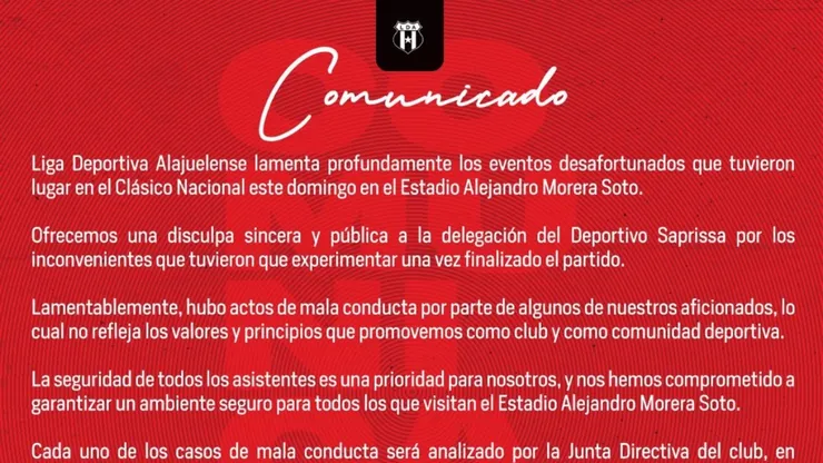 Luego de perder el clásico, Alajuelense se disculpa con Saprissa