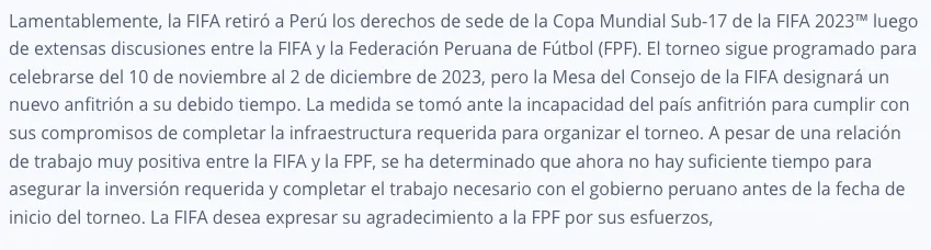Comunicado oficial de la FIFA