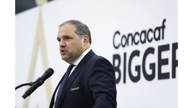INGLEWOOD, CALIFORNIA - APRIL 14: Concacaf President and FIFA Vice President Victor Montagliani speaks ahead of the 2023 Concacaf Gold Cup Draw at SoFi Stadium on April 14, 2023 in Inglewood, California. (Photo by Meg Oliphant/Getty Images)