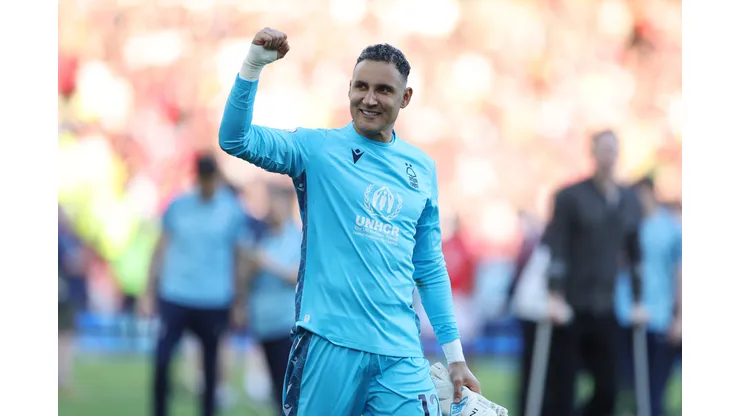NOTTINGHAM, ENGLAND - MAY 20: Keylor Navas of Nottingham Forest celebrates after the team's victory, which confirms their place in the Premier League for the next season during the Premier League match between Nottingham Forest and Arsenal FC at City Ground on May 20, 2023 in Nottingham, England. (Photo by Catherine Ivill/Getty Images)