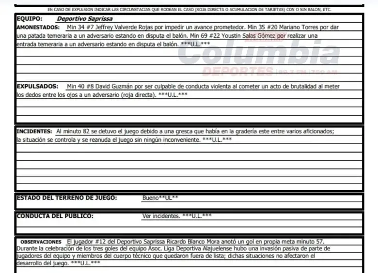 El acta que presentó el árbitro del encuentro entre Alajuelense y Saprissa.