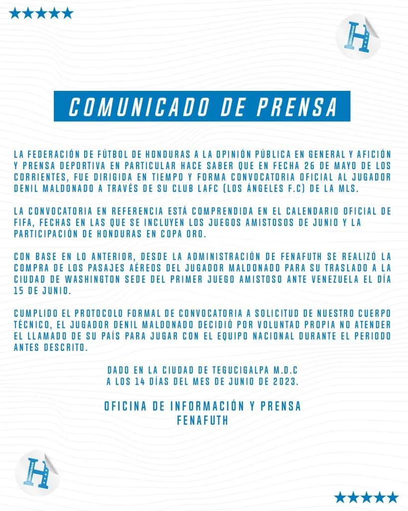 El comunicado de Fenafuth tras la baja de Denil Maldonado (Foto: Fenafuth)