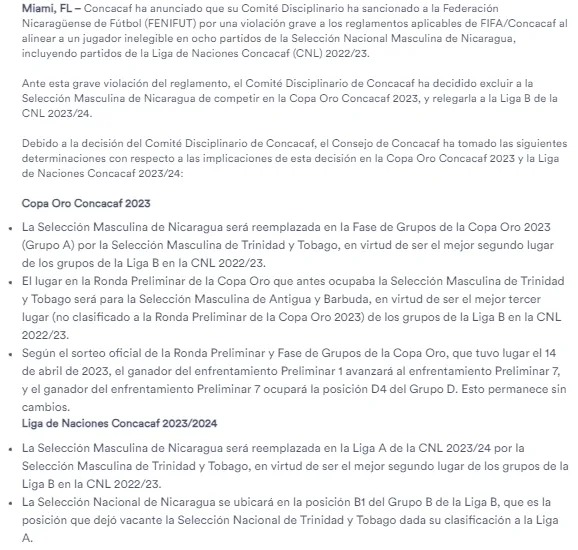 La decisión del Comité Disciplinario de Concacaf contra Nicaragua.